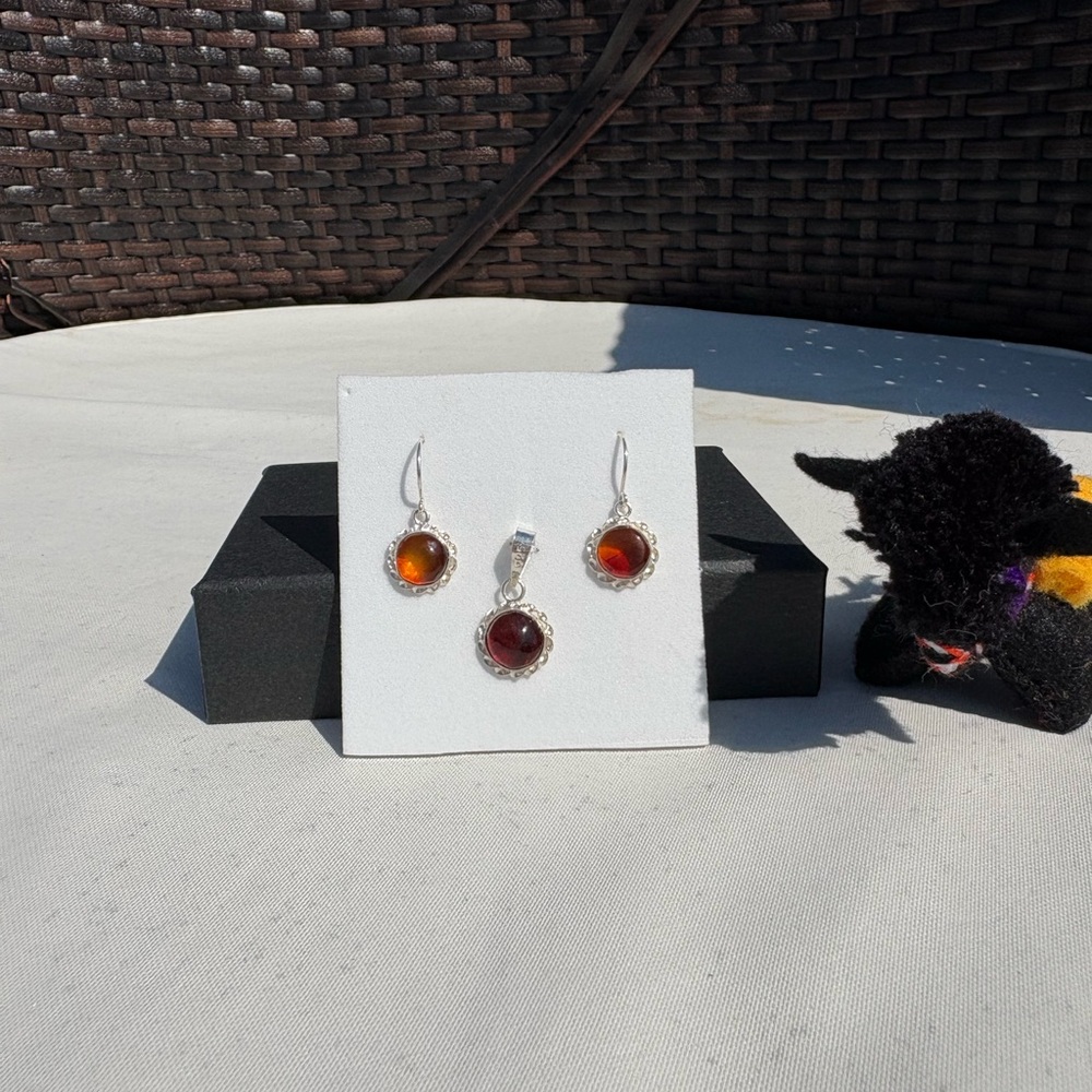 Silver Amber Earrings and Pendant Set